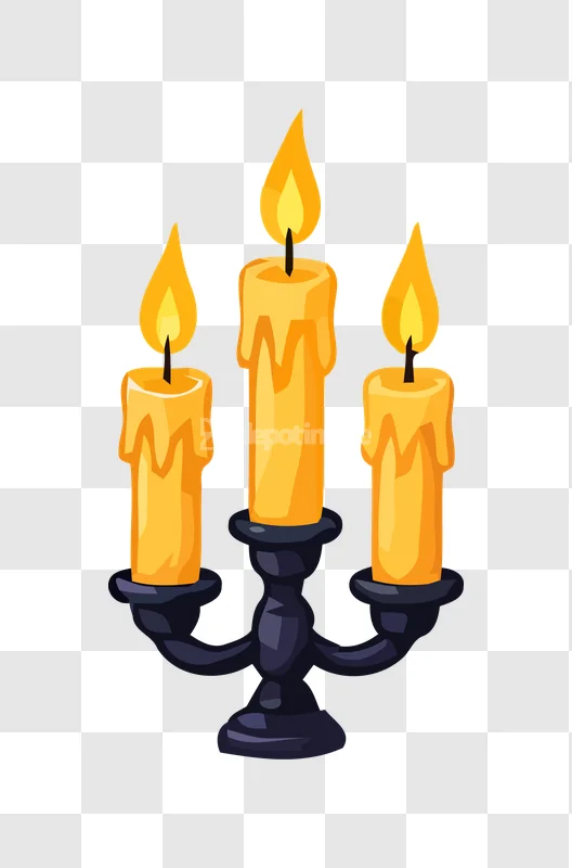 Glowing Yellow Candles Candelabra Cartoon Style, dark candelabra with three lit candles
