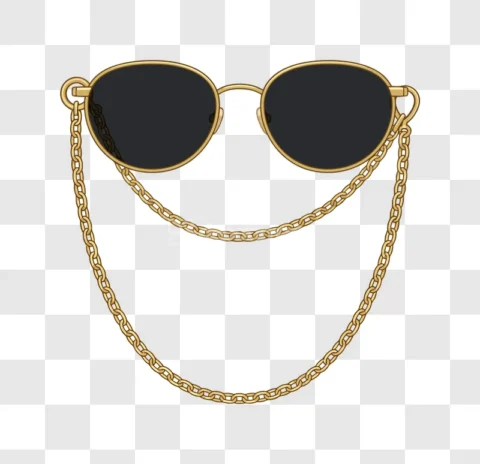 Gold Round Sunglasses Black Lenses Chain