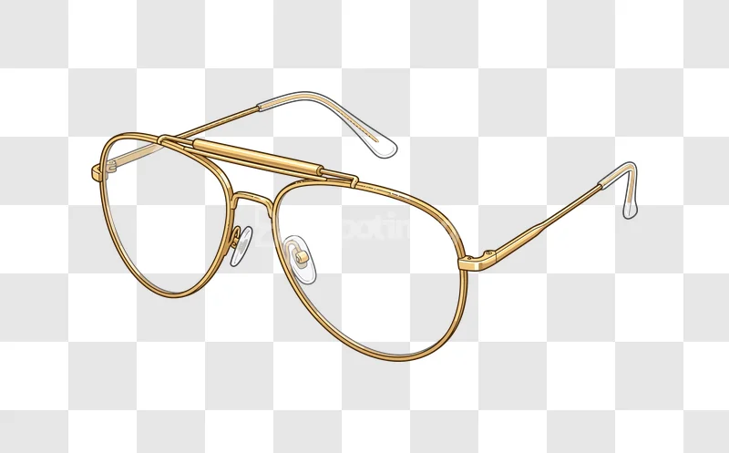 Golden Aviator Glasses Clear Lenses, gold metal frame, transparent background, fashion accessory.