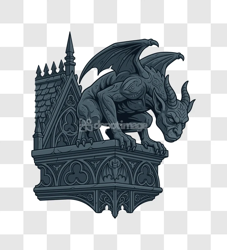 Gothic Gargoyle Stone Statue Dark Halloween: detailed, grey, menacing creature on building