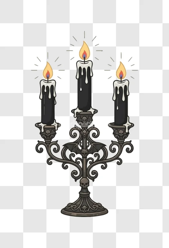 Gothic Halloween Candelabra Three Black Candles Skull ornate metal transparent background
