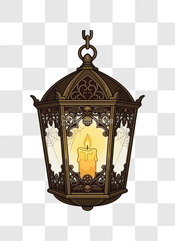 Gothic Halloween Lantern Candle Skull Bat: ornate dark brown, glowing candle, spiderwebs