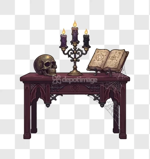 Gothic Halloween Table Skull Candles Book Spiderweb