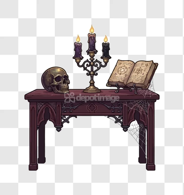 Gothic Halloween Table Skull Candles Book Spiderweb dark ornate wooden table