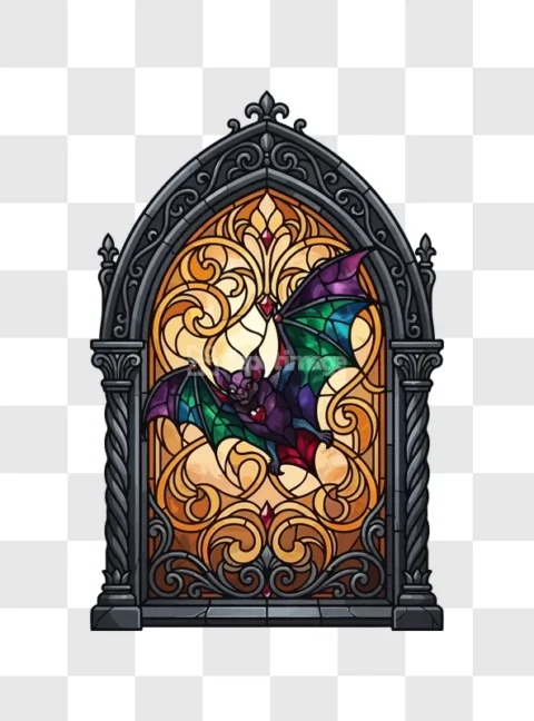 Gothic Stained Glass Bat Halloween Art Vibrant