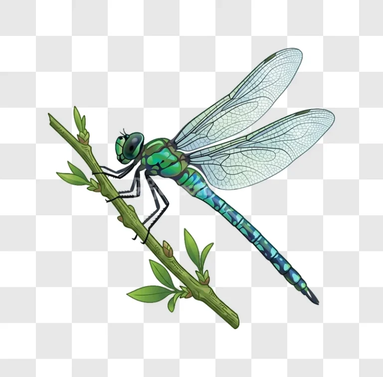 Green Blue Dragonfly on Branch