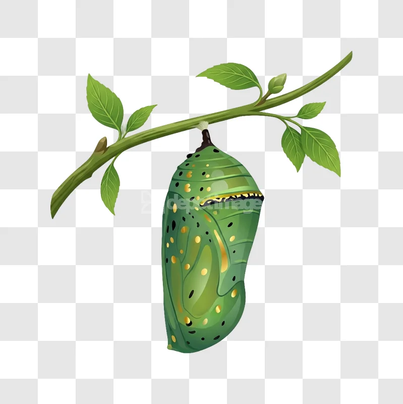 Green Chrysalis on Leafy Branch detailed illustration transparent background