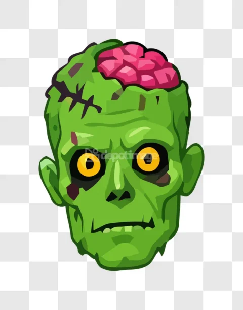 Green Zombie Head Cartoon Vector Brain