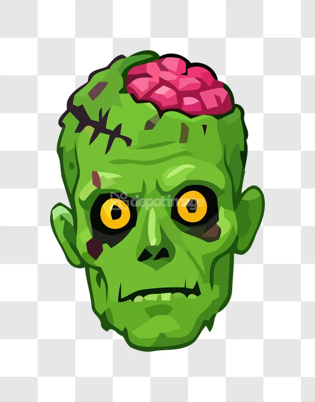 Green Zombie Head Cartoon Vector Brain cartoon style transparent background