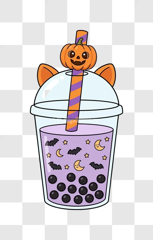 Halloween Boba Drink Pumpkin Bats Stars: cartoon purple beverage with orange pumpkin, bats, and stars.
