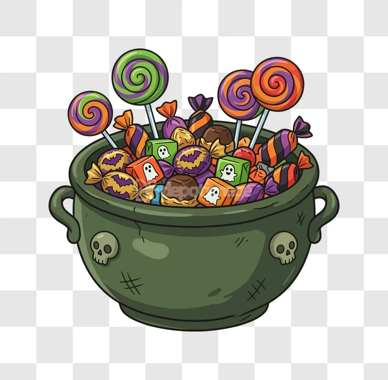 Halloween Candy Pot Skulls Trick Treat: cartoon illustration, green cauldron, colorful candies, black background