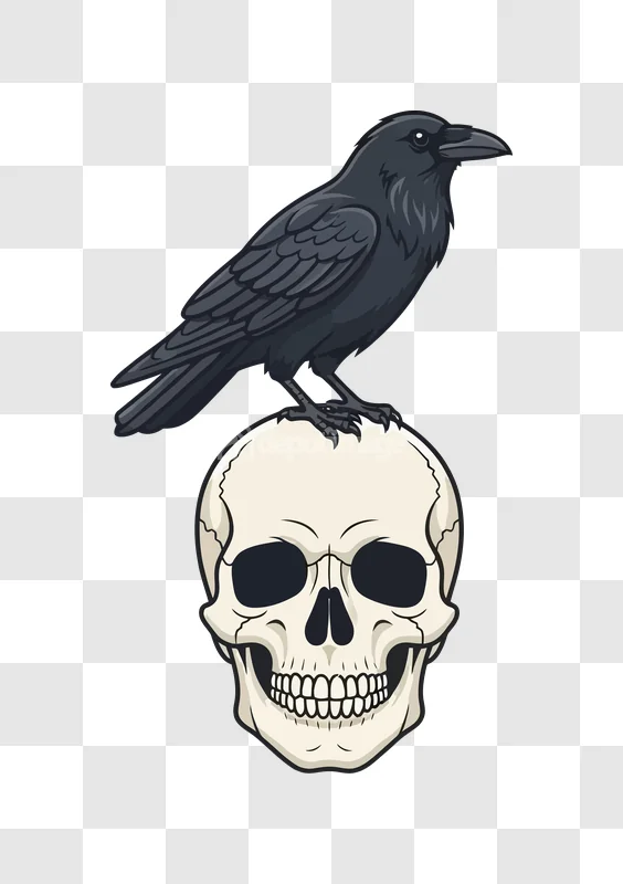 Halloween Crow Skull Vector Art Spooky, black crow on skull, transparent background