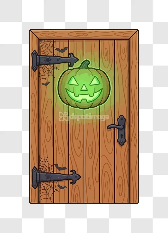 Halloween Glowing Pumpkin Spooky Door Bats Spider cartoon style wooden door
