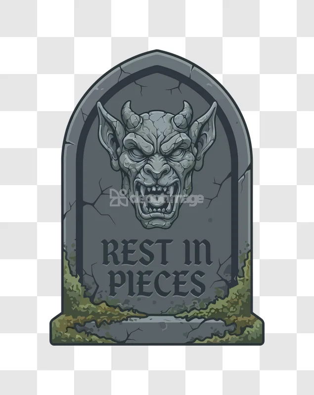 Halloween Gravestone Gargoyle Head Evil Face, cracked stone, mossy, transparent background