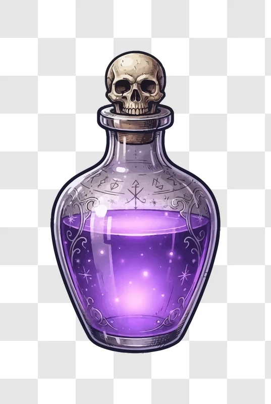 Halloween Magic Potion Skull Cork Violet Liquid Spooky glass bottle glowing purple liquid