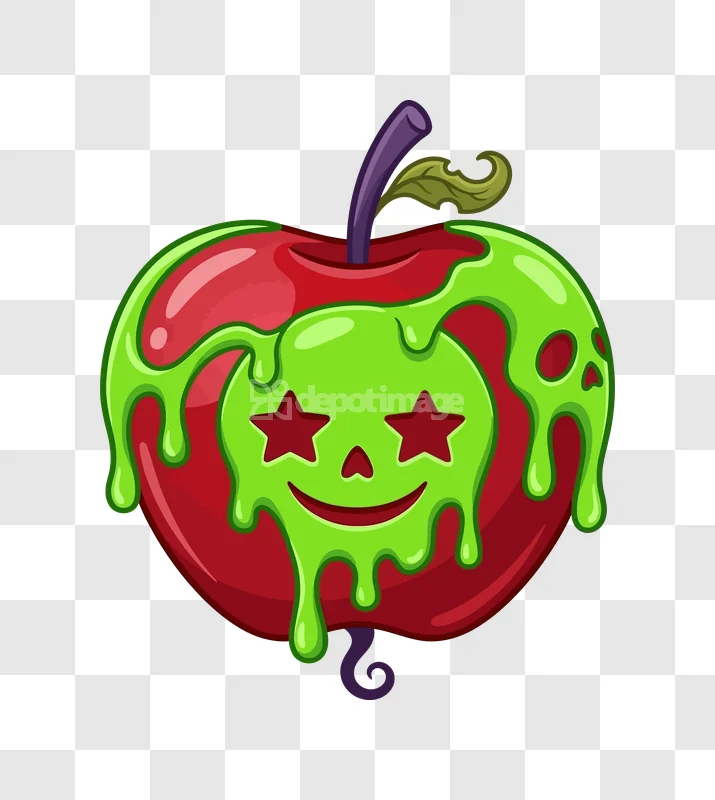 Halloween Poison Apple Green Slime Face: cartoon, red, green, spooky, smiling
