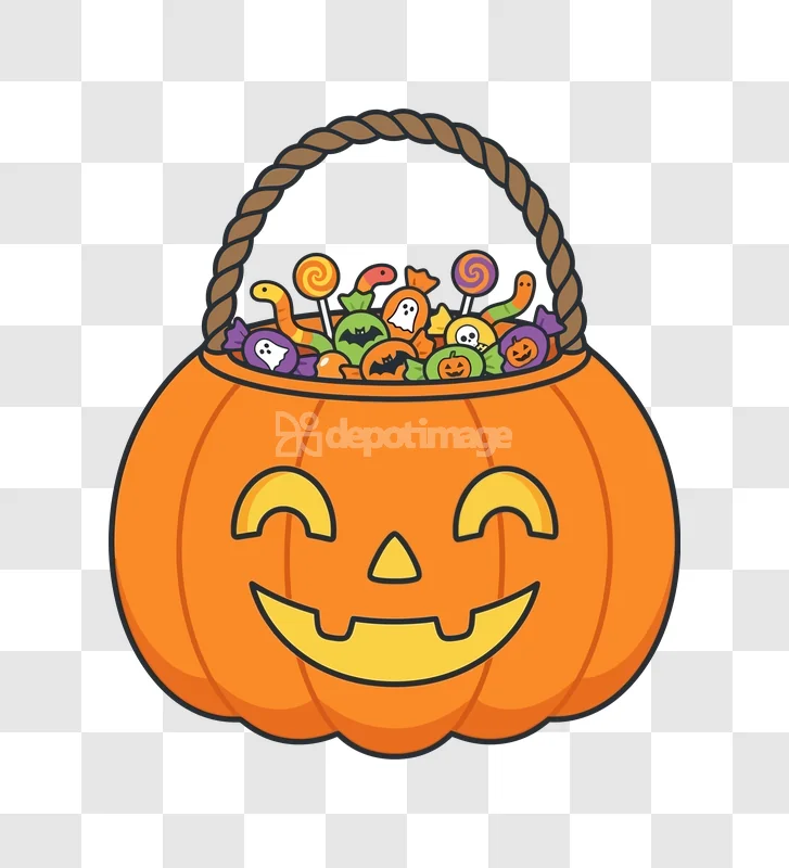 Halloween Pumpkin Basket Full Candy: cartoon, orange, smiling, filled with colorful candies.