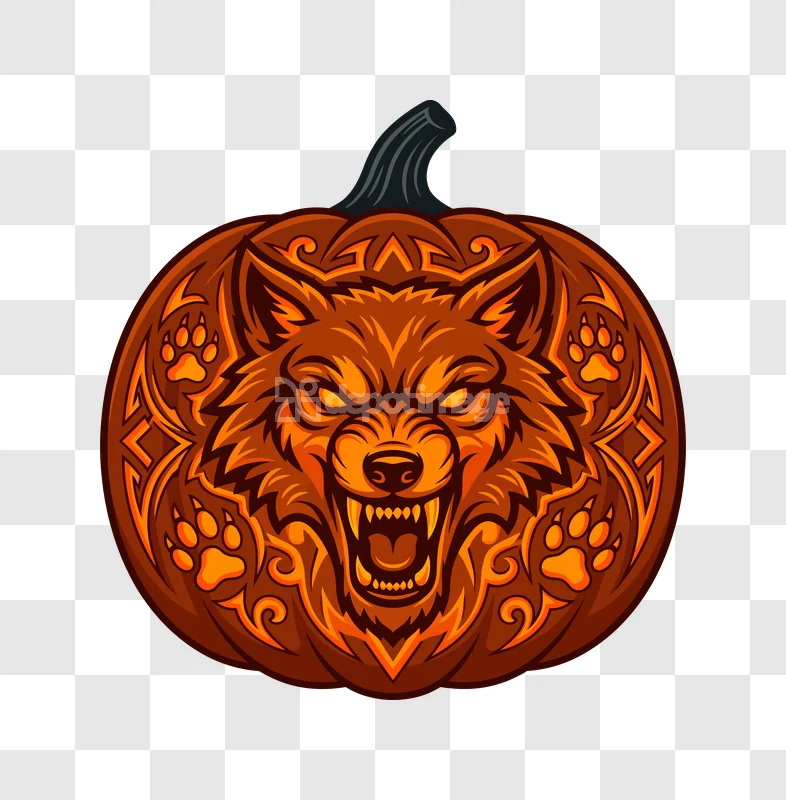 Halloween Pumpkin Carving Fierce Wolf: orange carved pumpkin, fierce wolf face