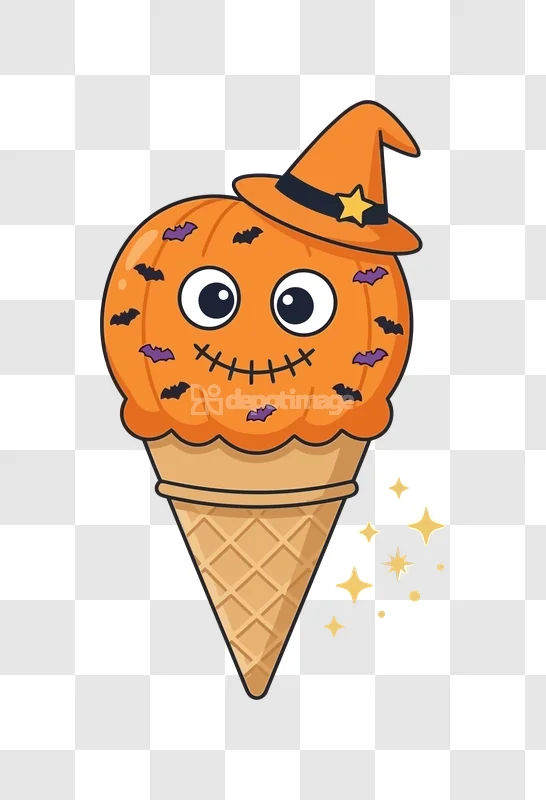 Halloween Pumpkin Icecream Witch Hat: cartoon orange ice cream cone with bats and witch hat.