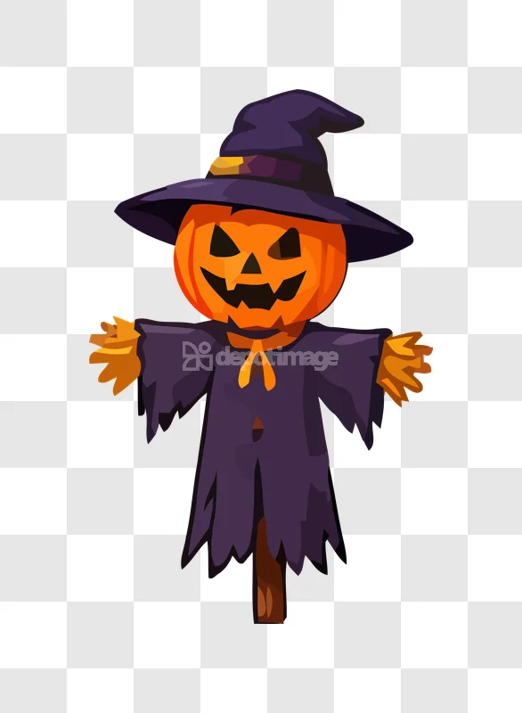 Halloween Pumpkin Scarecrow Witch Hat Vector cartoon style orange purple