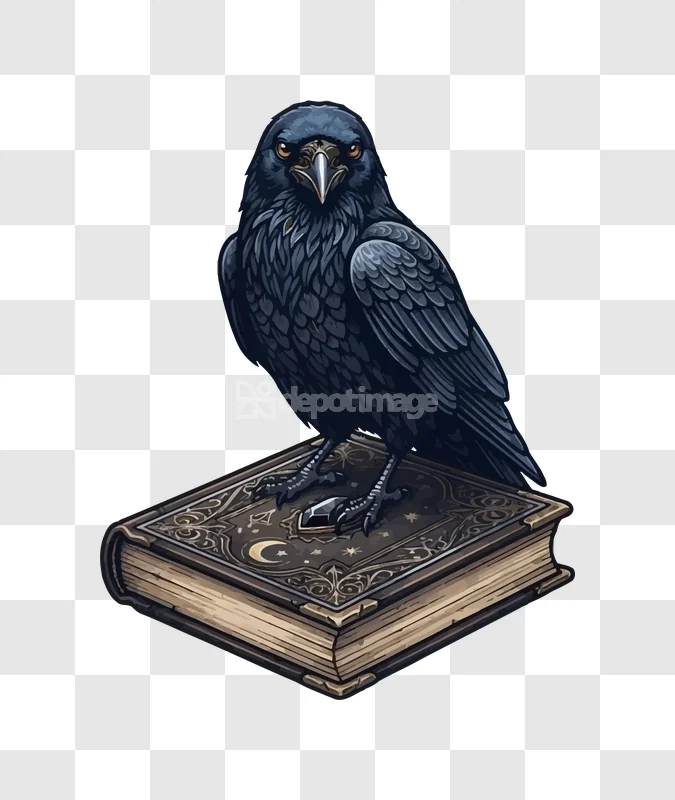 Halloween Raven Bird Magic Spell Book dark artistic illustration transparent background