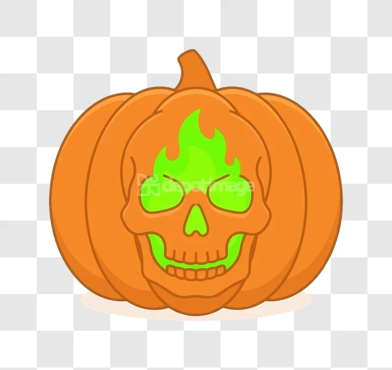 Halloween Skull Pumpkin Glowing Green Cartoon, orange green spooky transparent background