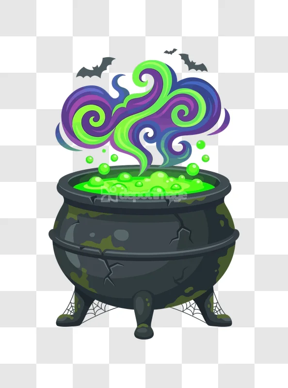 Halloween Witches Cauldron Green Potion Bats: dark, bubbling, smoky, with flying bats.