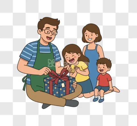 Happy Family Unwrapping Gift Cartoon Art
