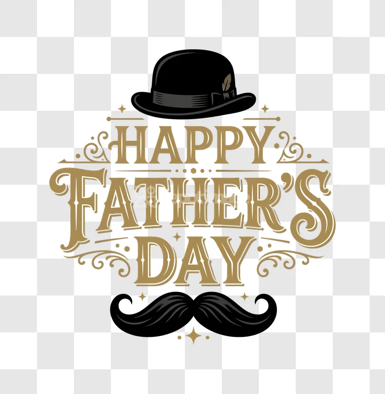 Happy Fathers Day Vintage Typography Vector gold lettering black background fedora mustache