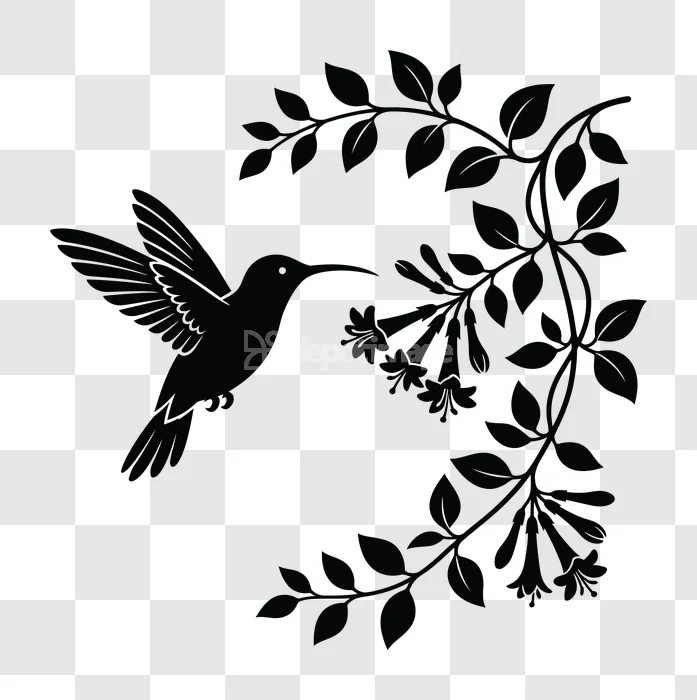 Hummingbird Flower Vine Black Silhouette