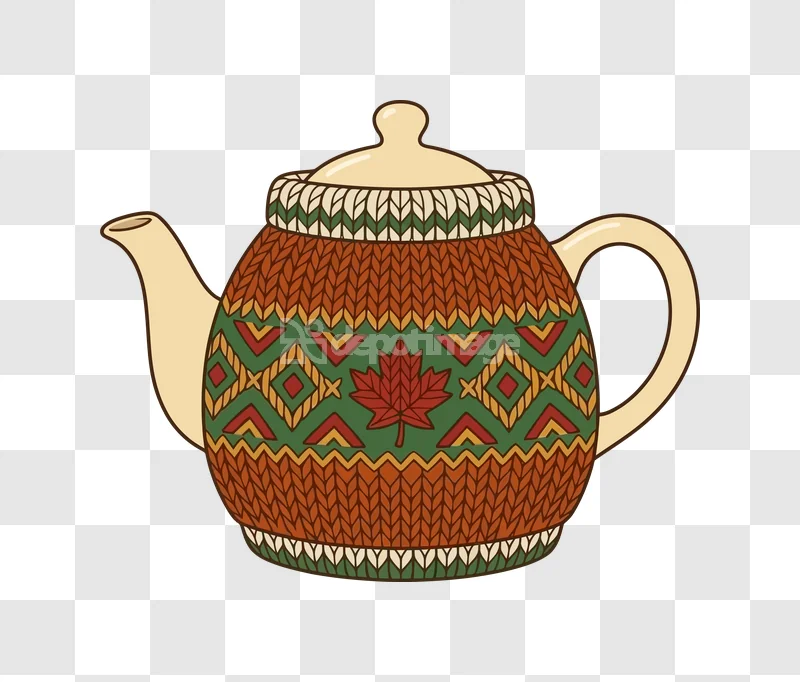 Illustrated Cozy Knitted Teapot Maple Leaf, autumn colors knitted pattern transparent