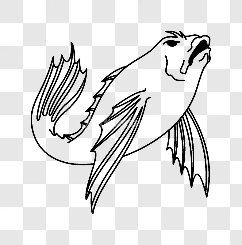 Line Art Fish Open Mouth Swimming black outline transparent background