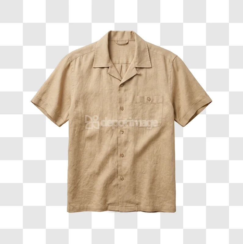 Mens Beige Linen Short Sleeve Shirt light brown fabric texture, short sleeves, pocket