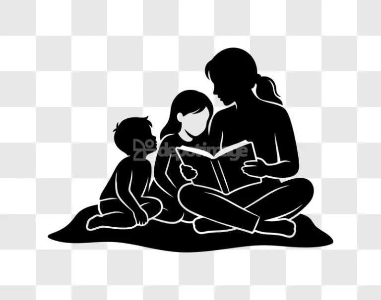 Mother Reading Book to Children Silhouette