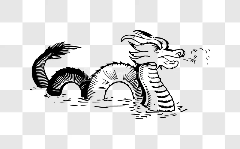 Mythical Sea Serpent Water Woodcut black and white woodcut style
