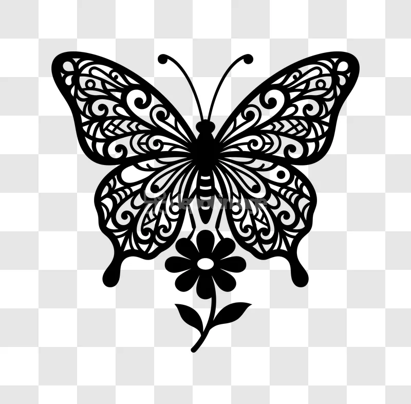 Ornate Black Butterfly Flower Design black silhouette transparent background