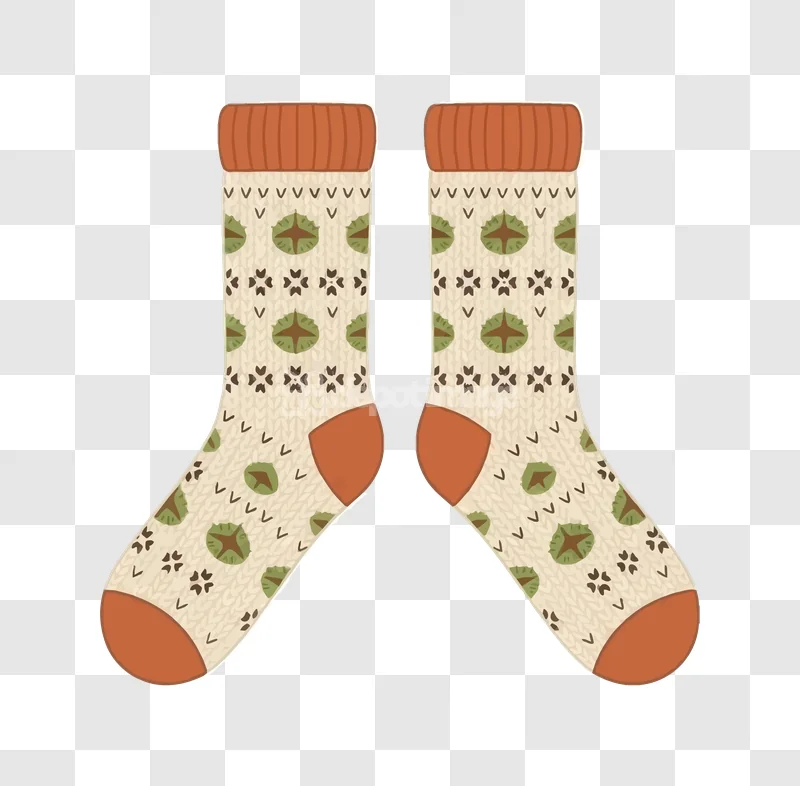 Pair Knitted Socks Winter Pattern Cozy beige orange green pattern