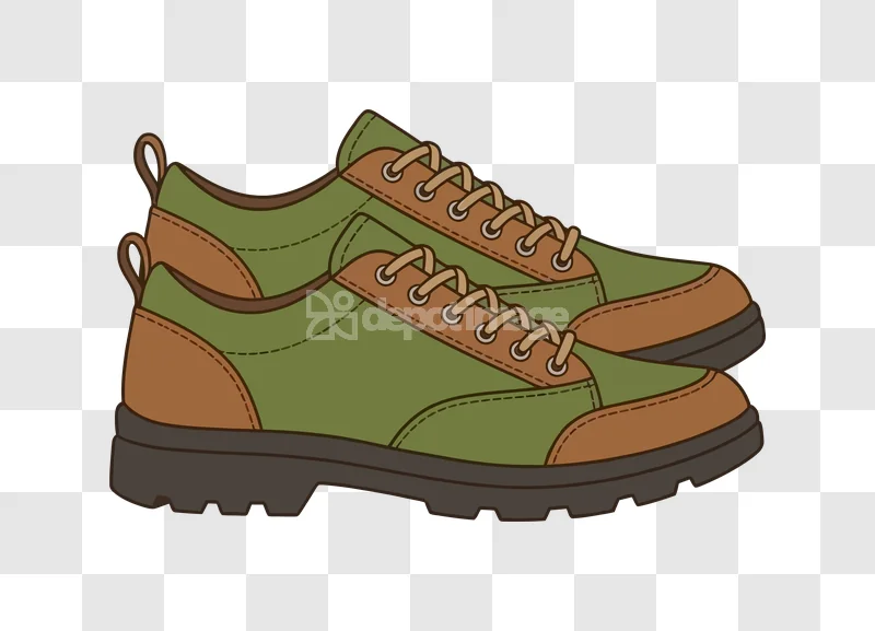 Pair of Green Brown Hiking Shoes Vector cartoon style transparent background