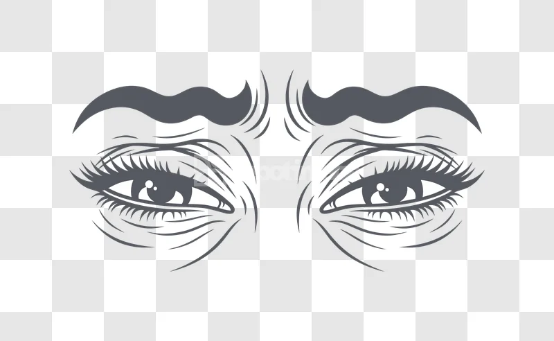 Pair Stylized Eyes Eyelashes Eyebrows Graphic: dark gray, bold, expressive, isolated on black.