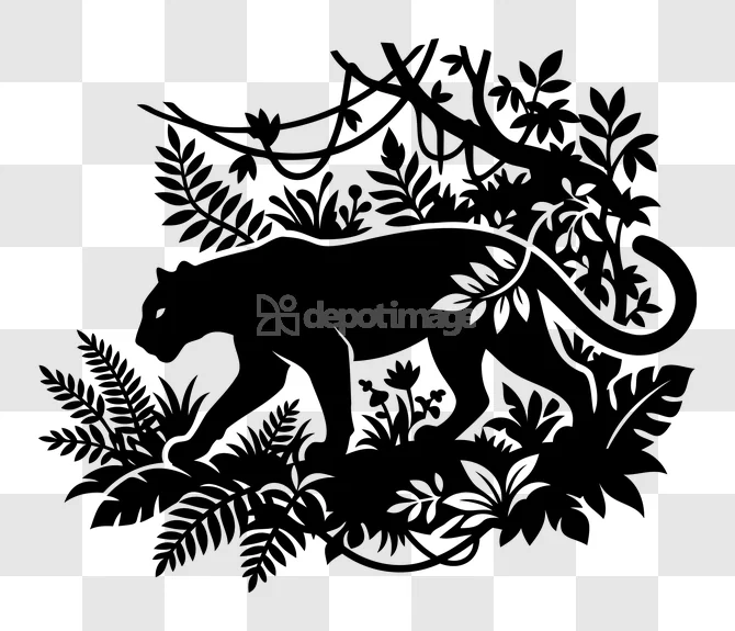 Panther Jungle Silhouette Black White Illustration