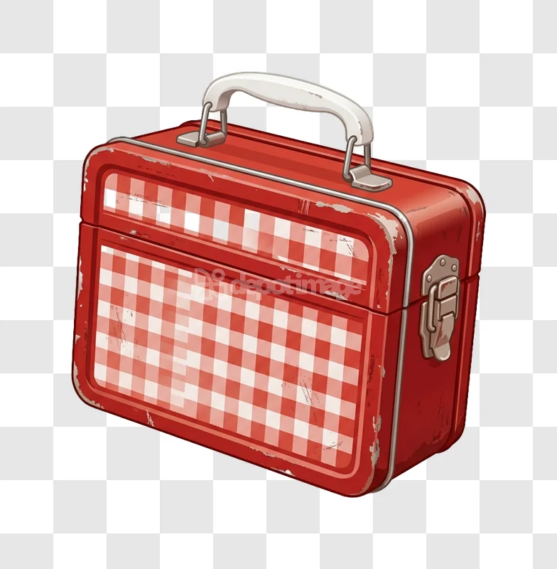 Red Plaid Picnic Lunchbox Vintage Style, distressed red metal, white handle