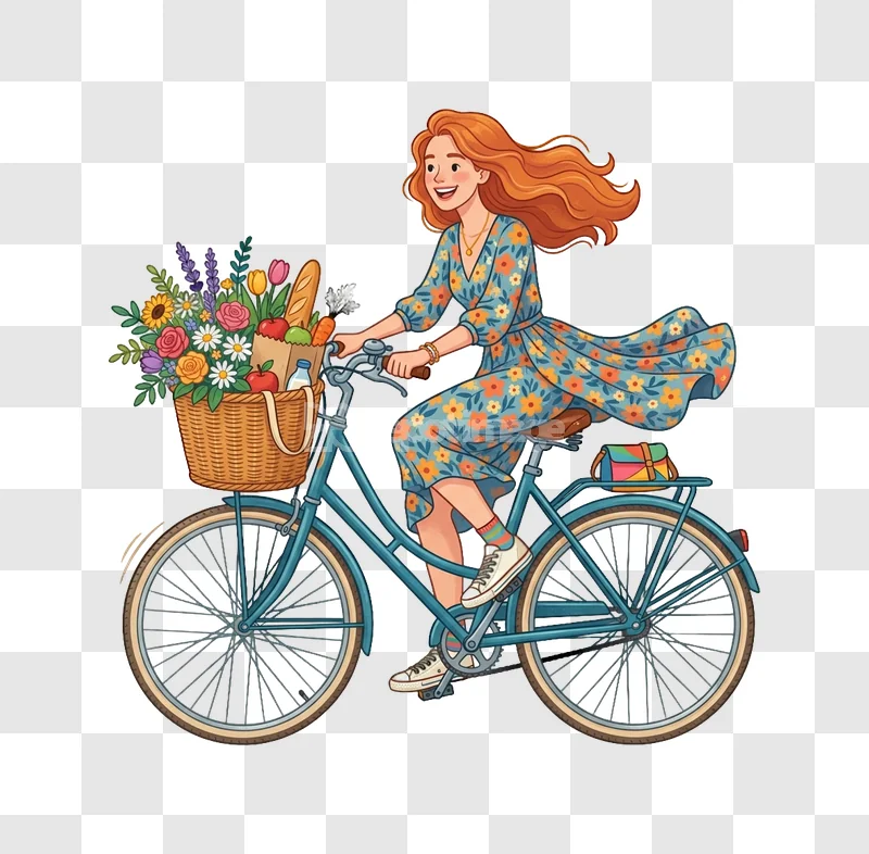 Redhead Woman Bike Basket Flowers cartoon style transparent background