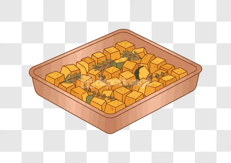 Roasted Cubed Squash Herbs Baking Dish Vector isometric cartoon style, orange brown green