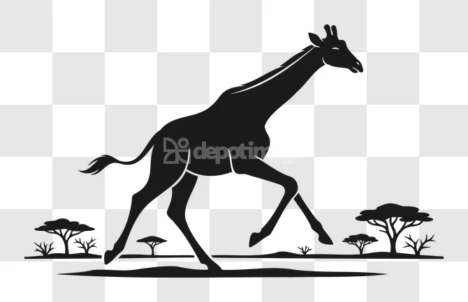 Running Giraffe Safari Trees Silhouette Vector dark silhouette black background