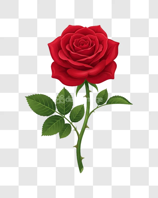 Single Red Rose Stem Thorns Leaves vibrant red petals green leaves