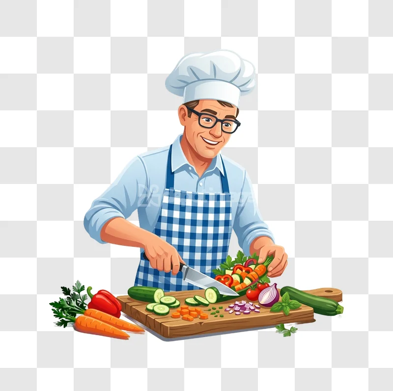 Smiling Male Chef Chopping Vegetables Cooking cartoon style transparent background