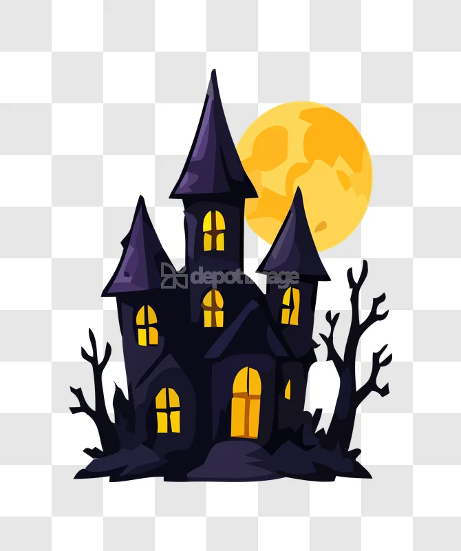 Spooky Halloween Haunted House Moon Cartoon dark purple yellow full moon