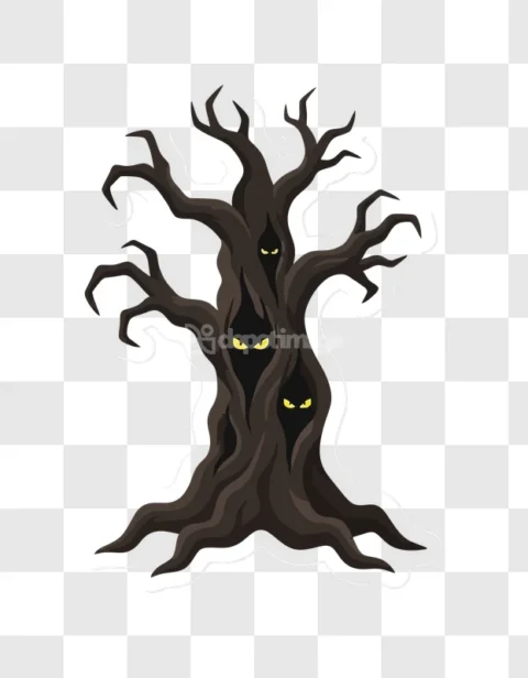 Spooky Halloween Tree Yellow Eyes Ghostly