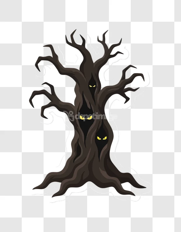 Spooky Halloween Tree Yellow Eyes Ghostly dark gnarled branches transparent PNG