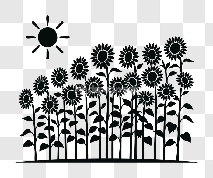 Sunflowers Field Sun Silhouette Illustration dark monochrome flat graphic